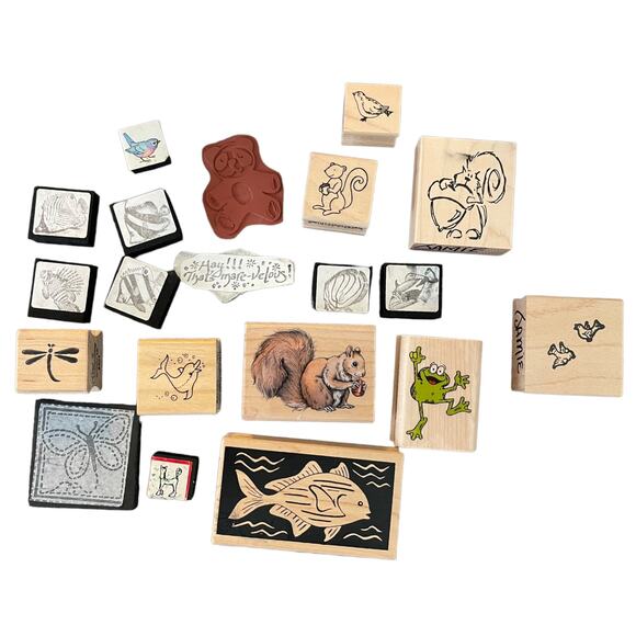 20 New & Used Random Rubber Stamps Dolphin Squirrel Frog Birds - Picture 1 of 2